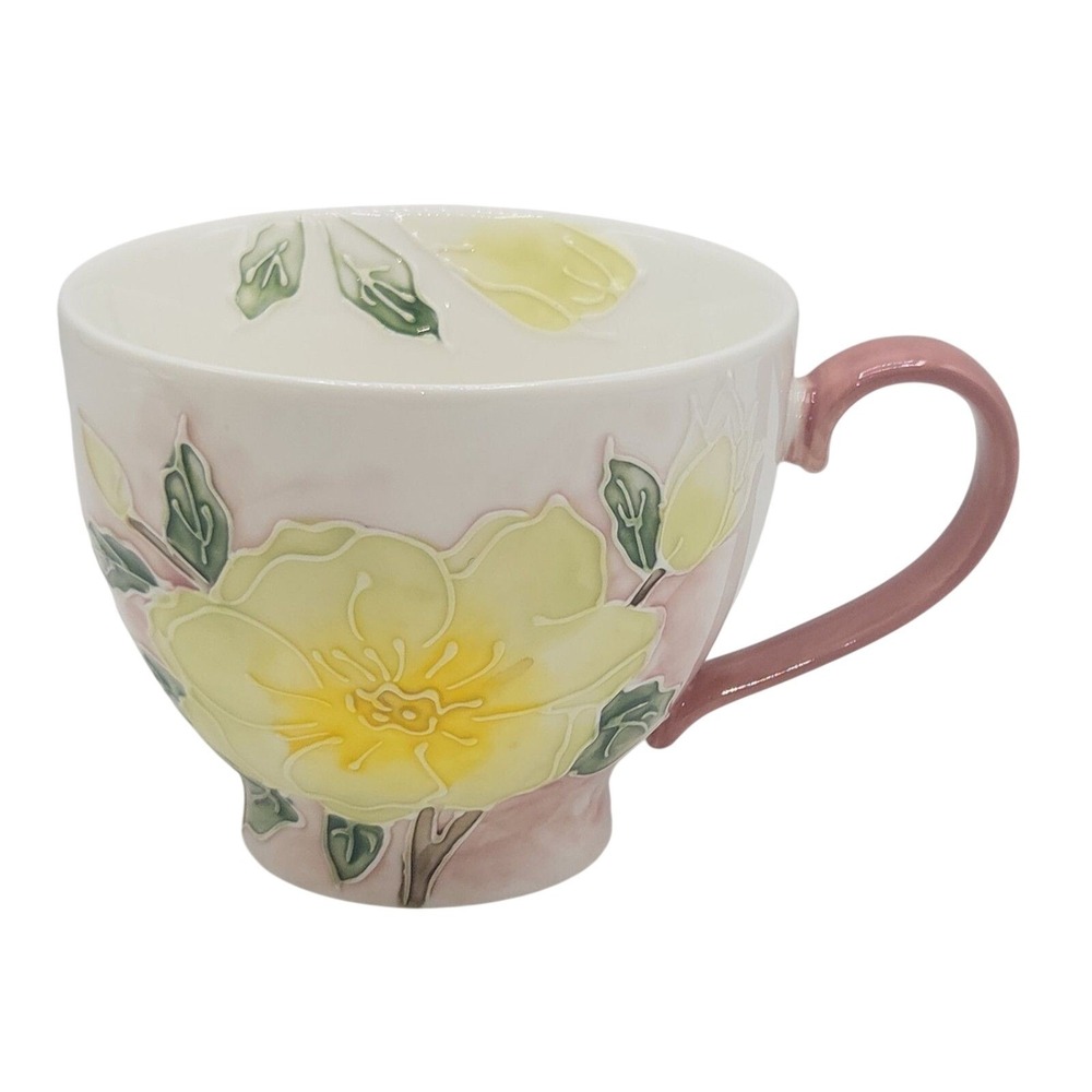 Petaluxe Raised Yellow Peony Coffee Mug 16oz Handcrafted Hand Painted